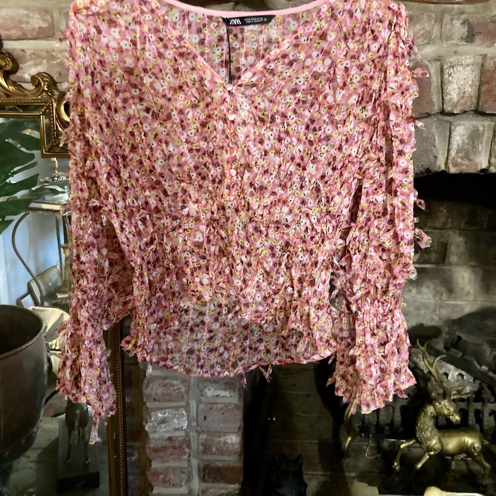🆕 ZARA Pink Fringe Textured Confetti Button Down Chiffon Blouse Resort Luxury - Picture 5 of 16